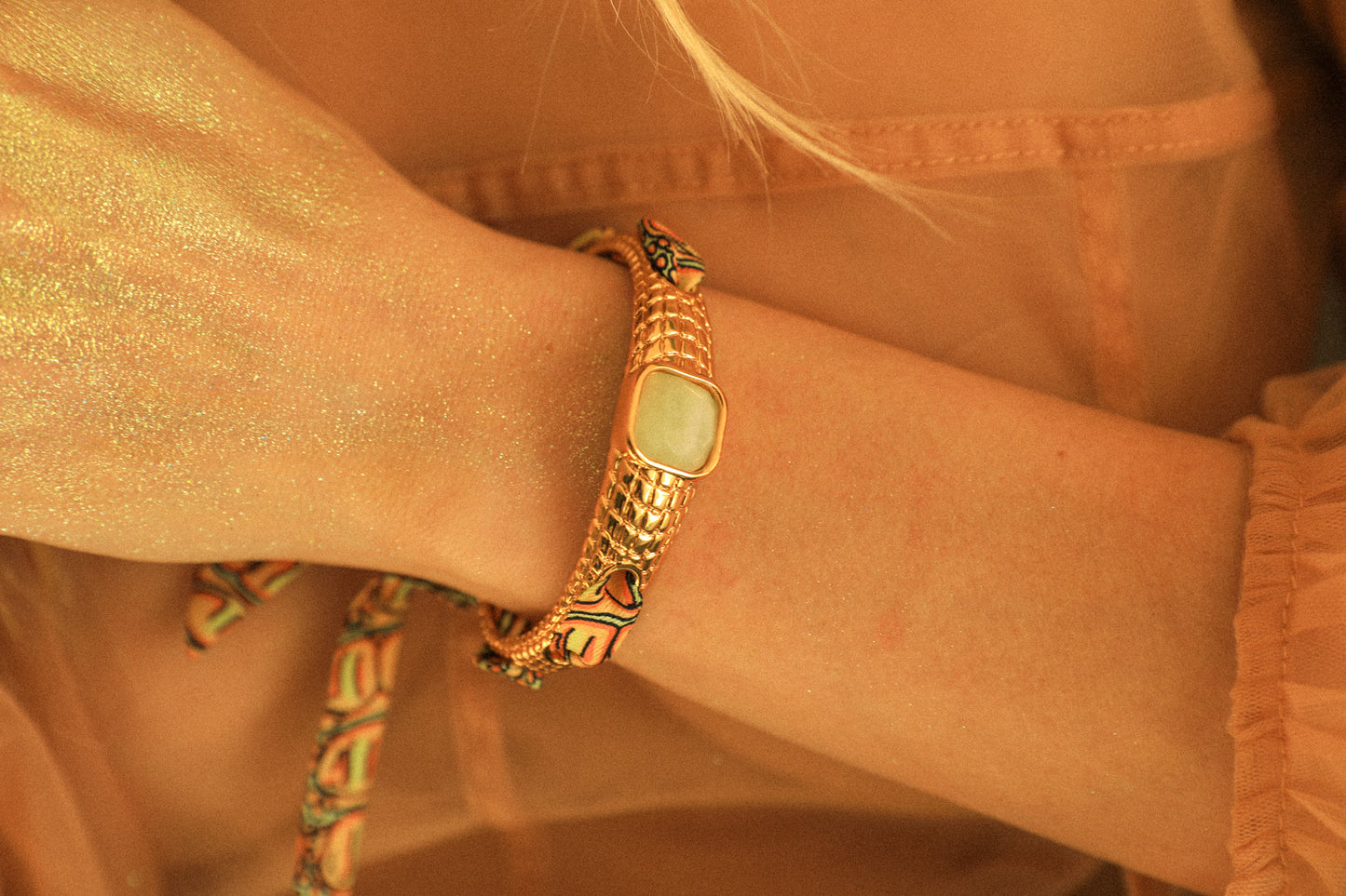 Caïman bracelet in jade oil quartzite and neutral Marinière ribbon