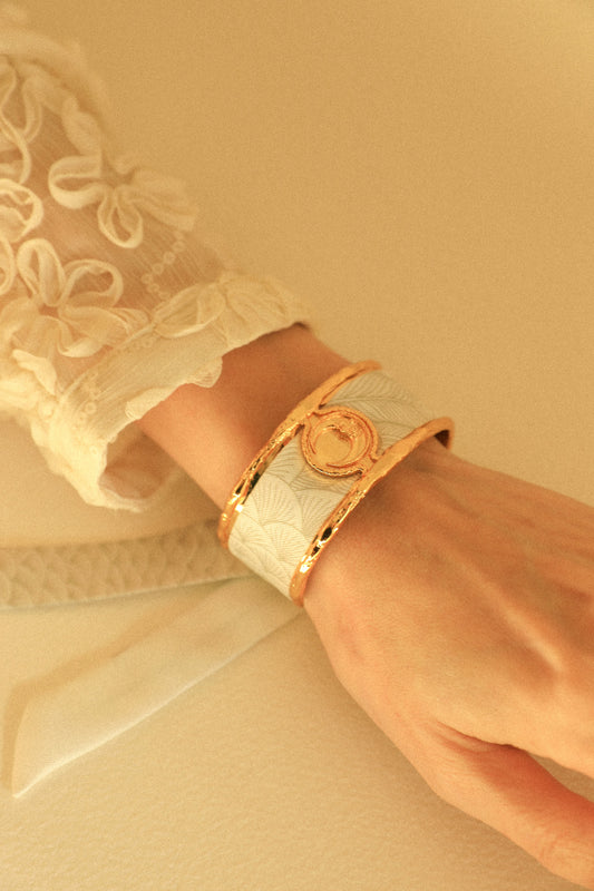 Moon and Peacock Ribbon Cuff