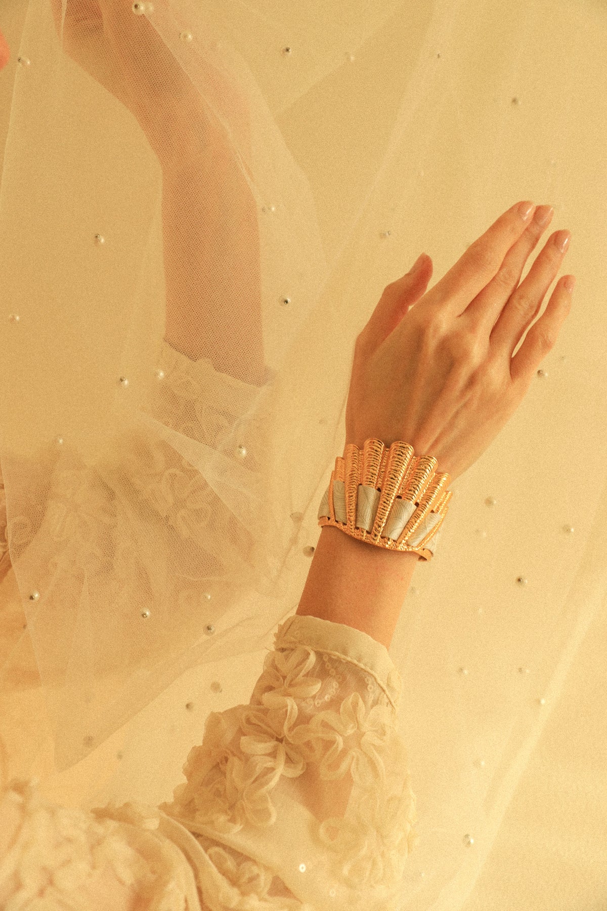 Shell and Peacock Ribbon Cuff