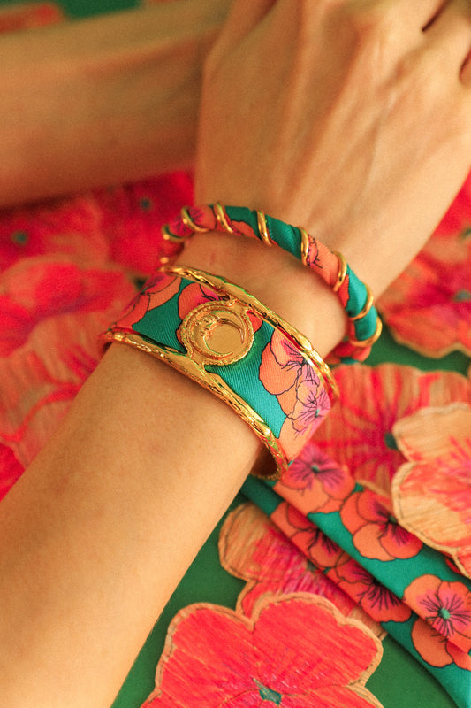 Moon cuff and turquoise Pansies ribbon