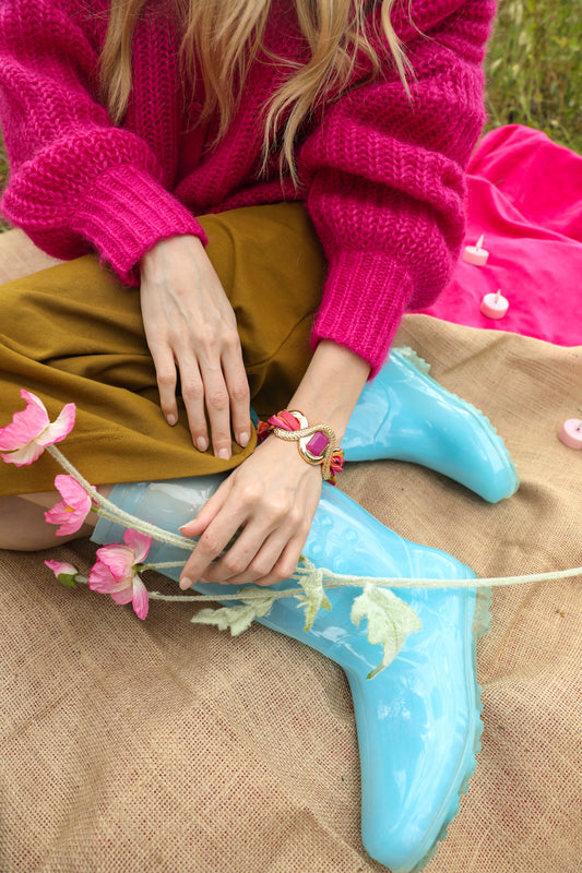 Manchette Caïman avec agate rose et ruban Adresse Inconnue, Rose et bleu