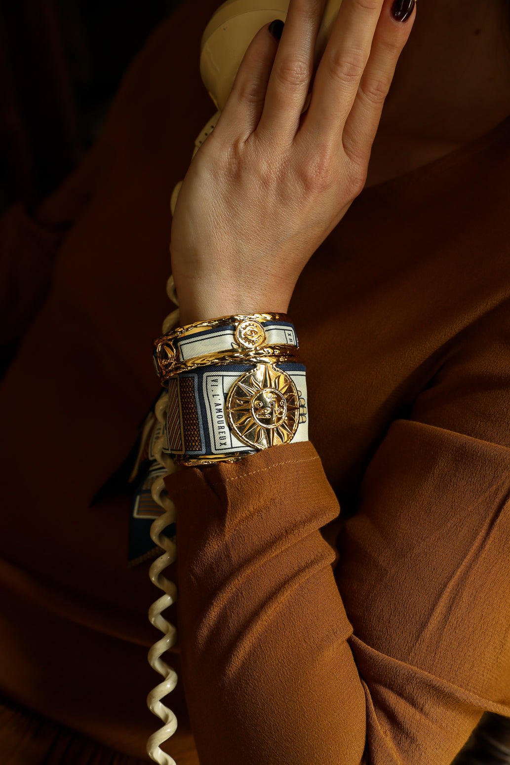 Large Sun and Tarot Ribbon Cuff, Navy