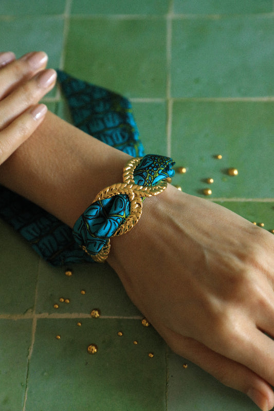 Aqua Croco Braid and Ribbon Cuff