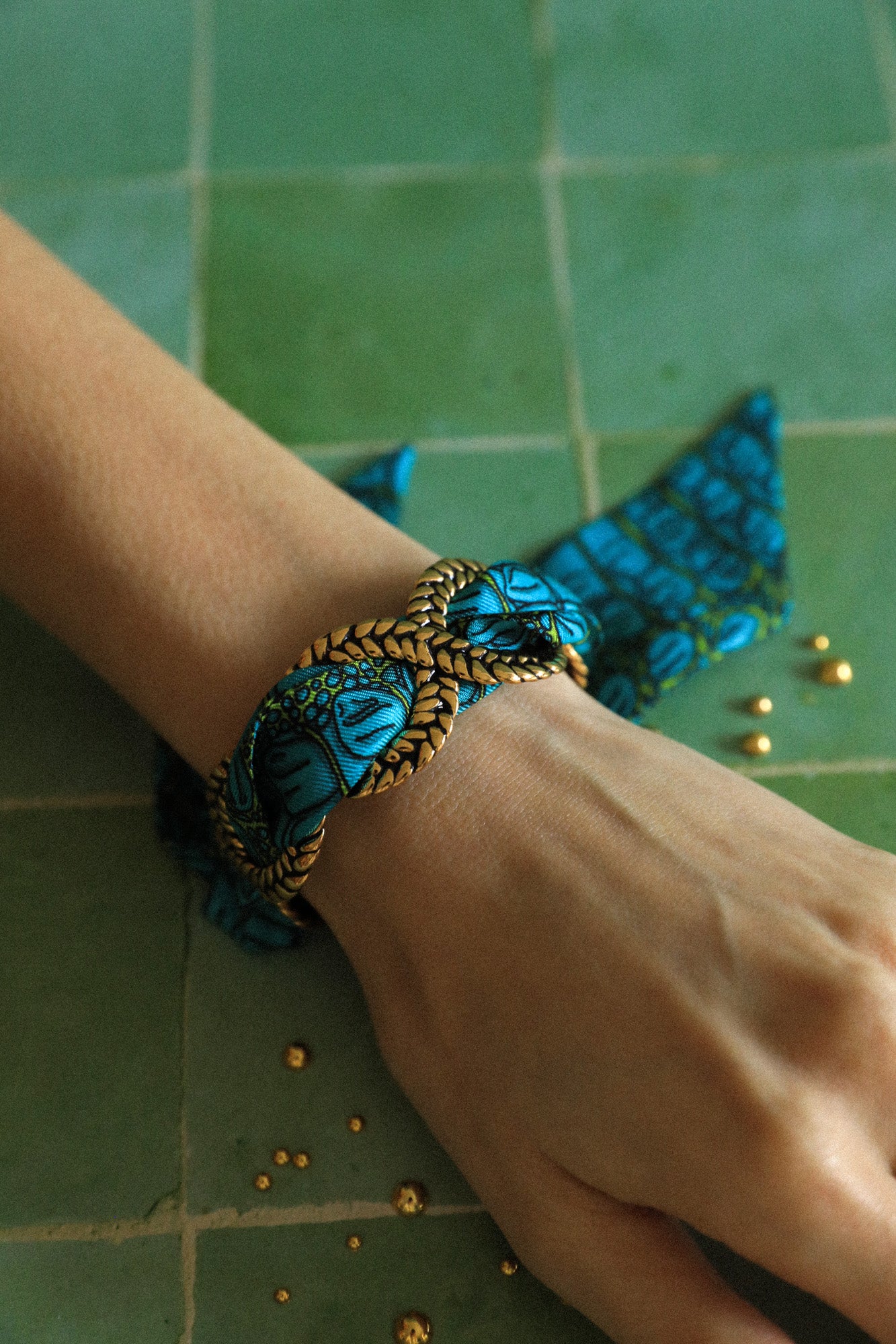 Aqua Croco Braid and Ribbon Cuff