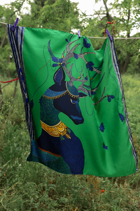 Carré de soie 90cm Cerf Bohème, vert