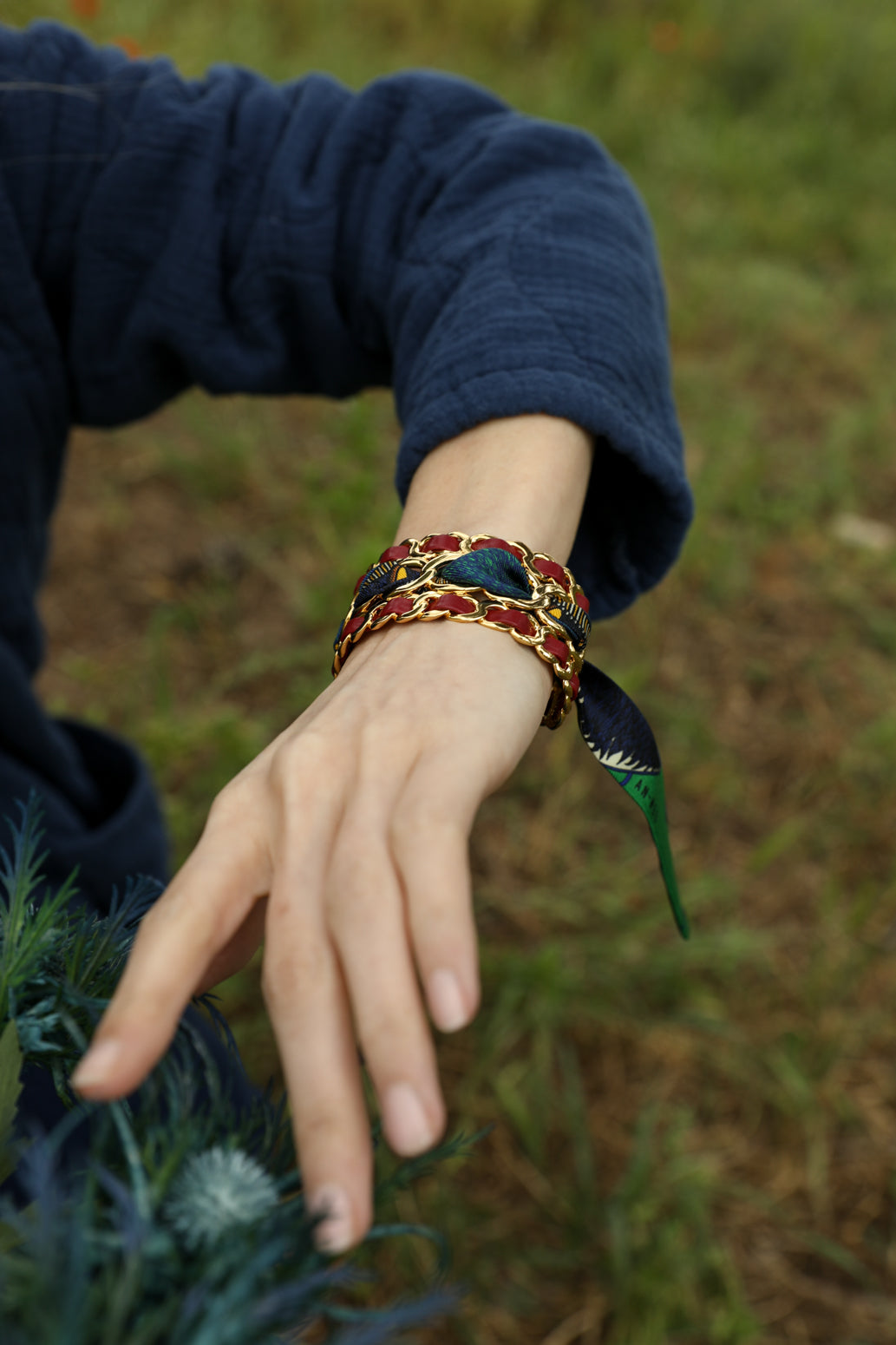Small December cuff and Bohemian Deer ribbon, green