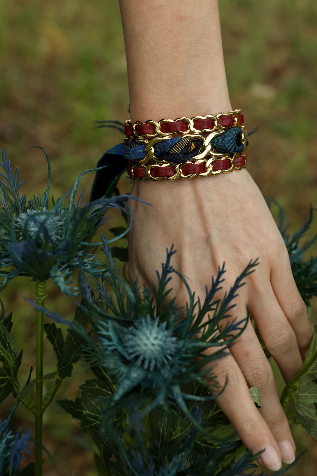 Small December cuff and Bohemian Deer ribbon, green