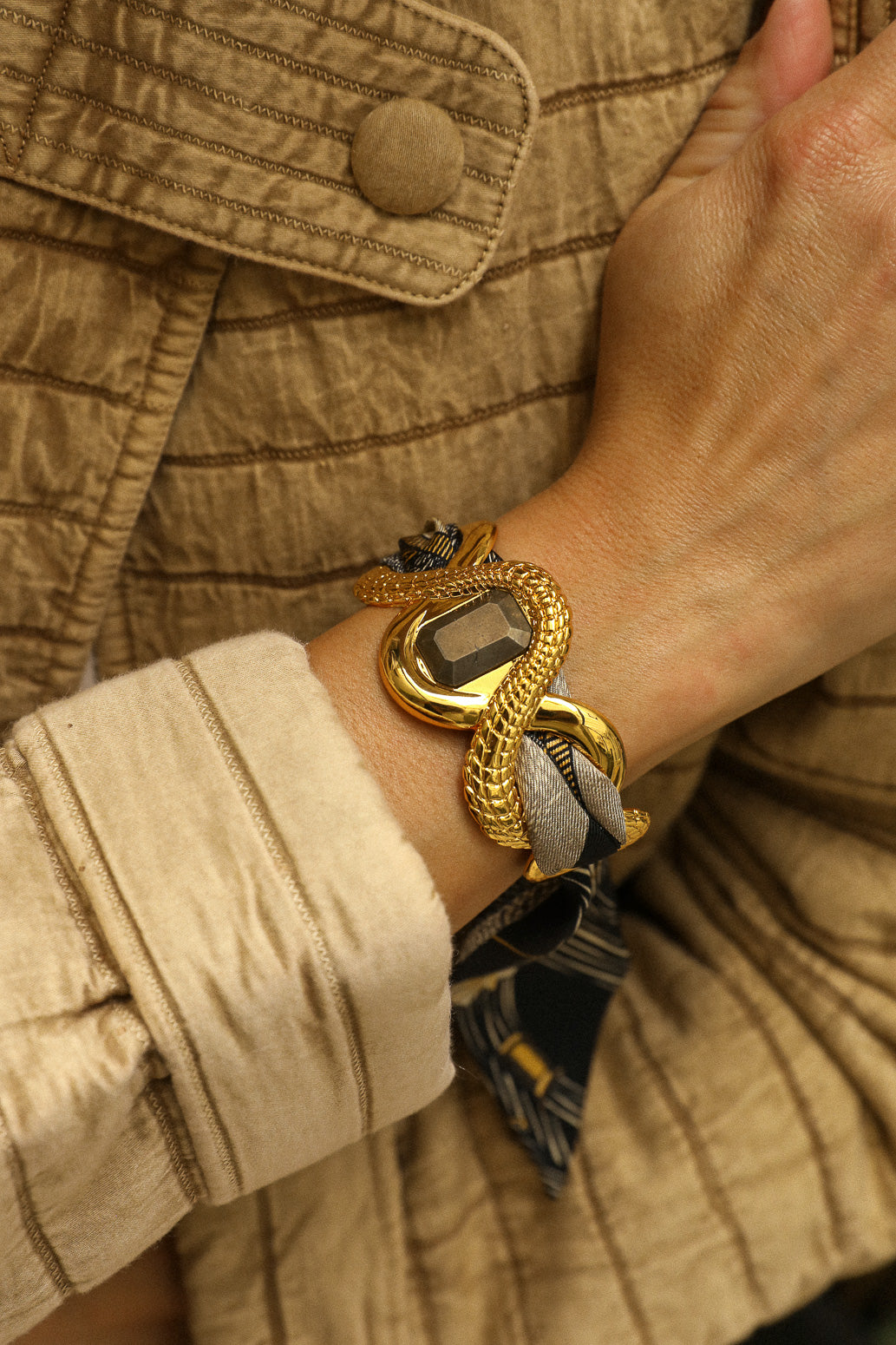Caiman Cuff with Pyrite and Tarot Ribbon, Navy