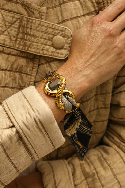 Caiman Cuff with Pyrite and Bohemian Deer Ribbon, Black