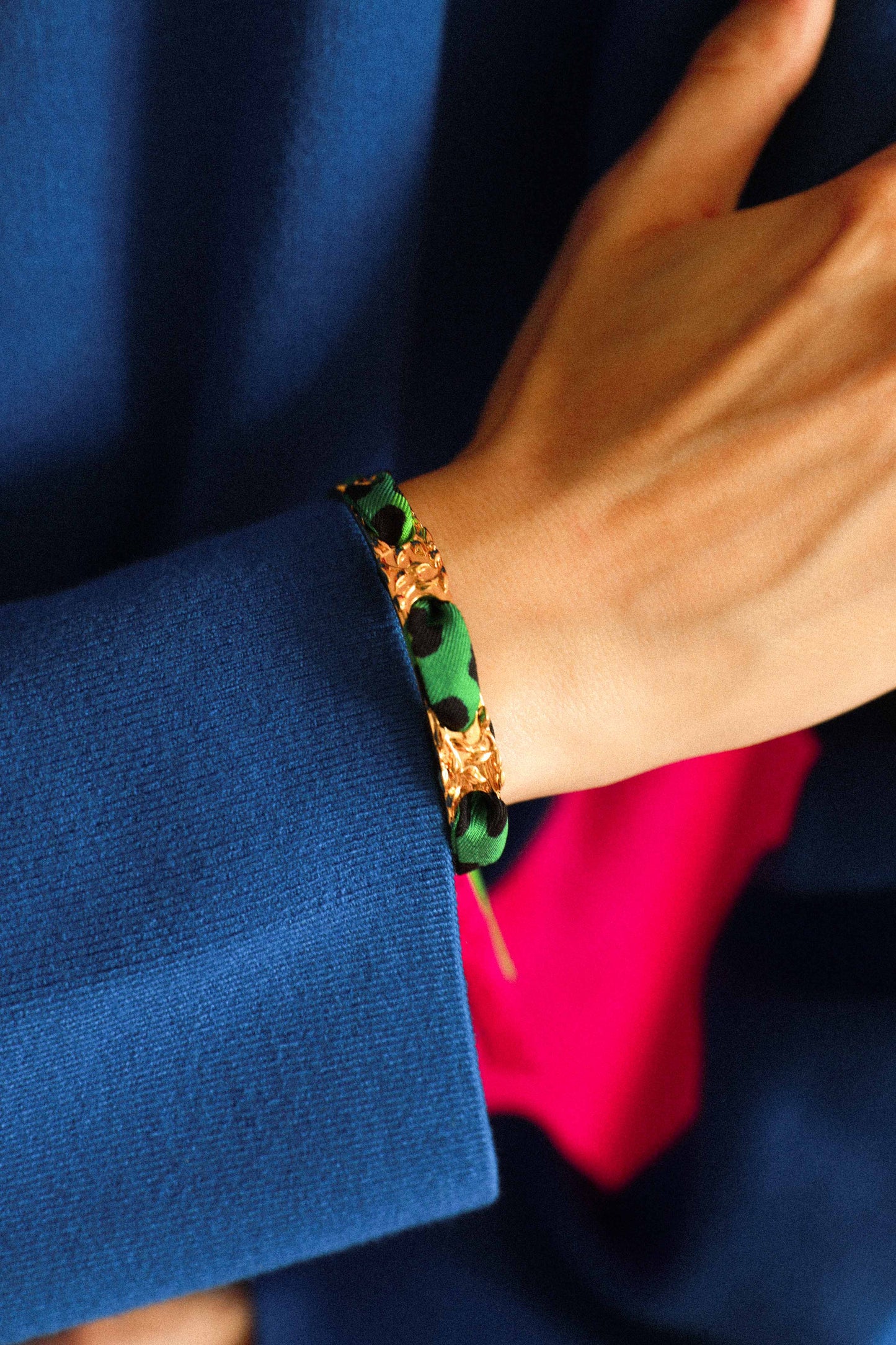 Bracelet Féérie et ruban Le Léopard, vert/rose