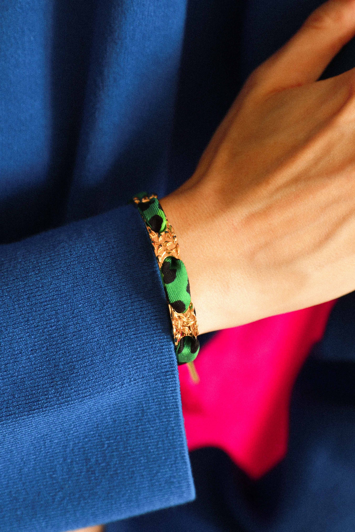Bracelet Féérie et ruban Le Léopard, vert/rose