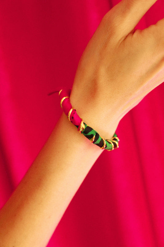 October Bracelet and Leopard Ribbon, Green/Pink