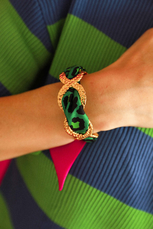 Leopard Braid and Ribbon Cuff, Pink/Green