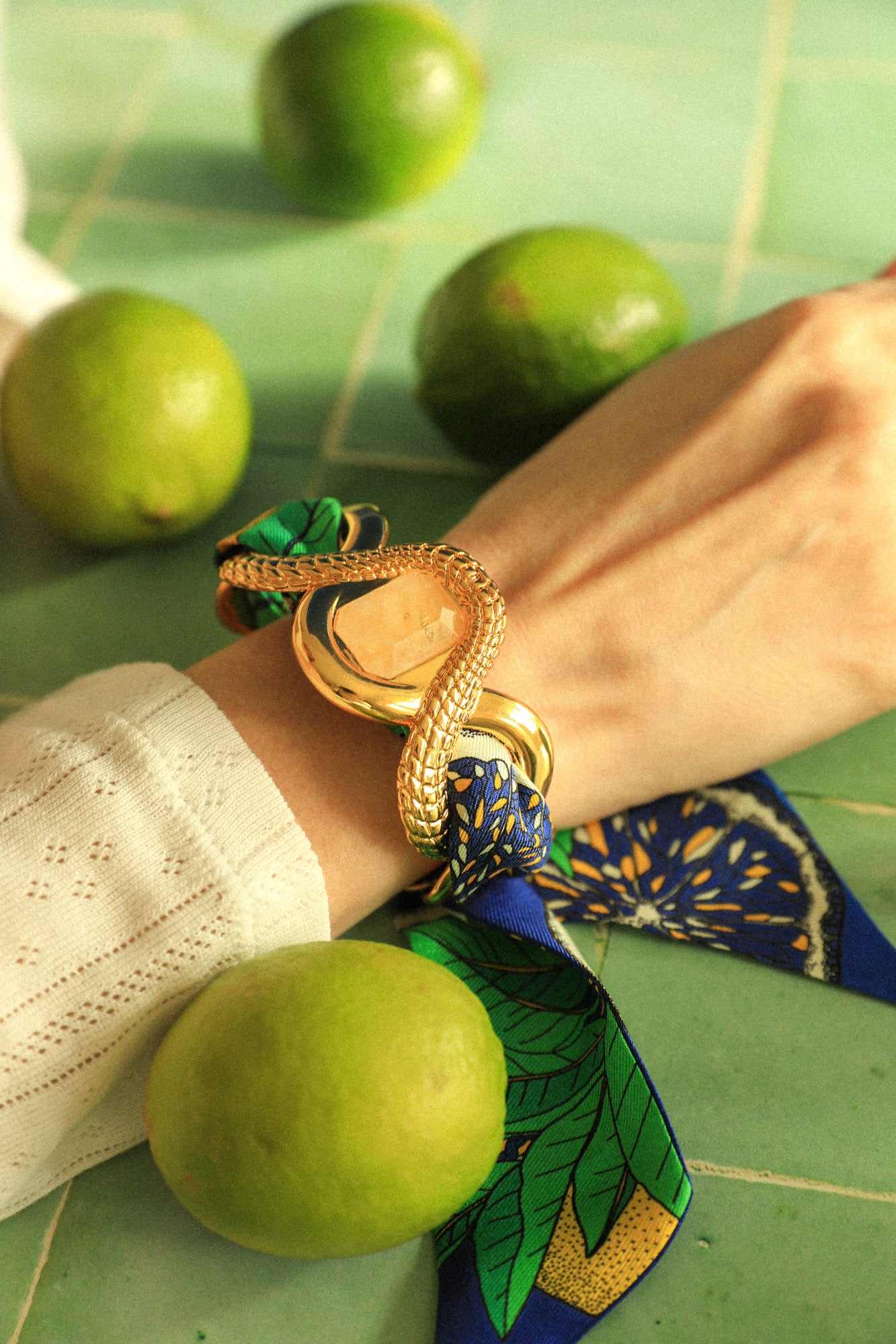 Caiman Cuff with Pink Agate and Summer Ribbon