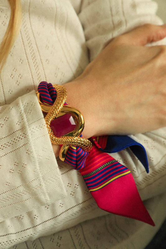 Caiman Cuff with Pink Agate and Summer Ribbon