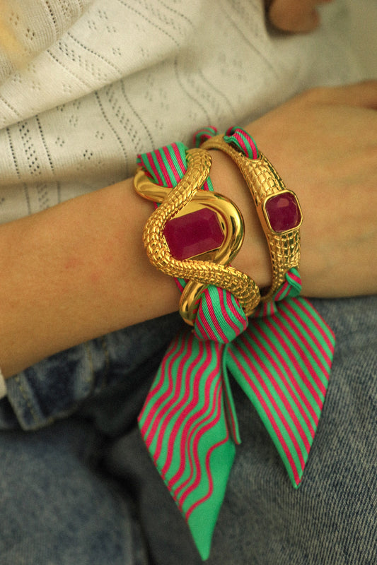 Caïman Cuff Fuchsia Agate and Colorful Marinière Ribbon