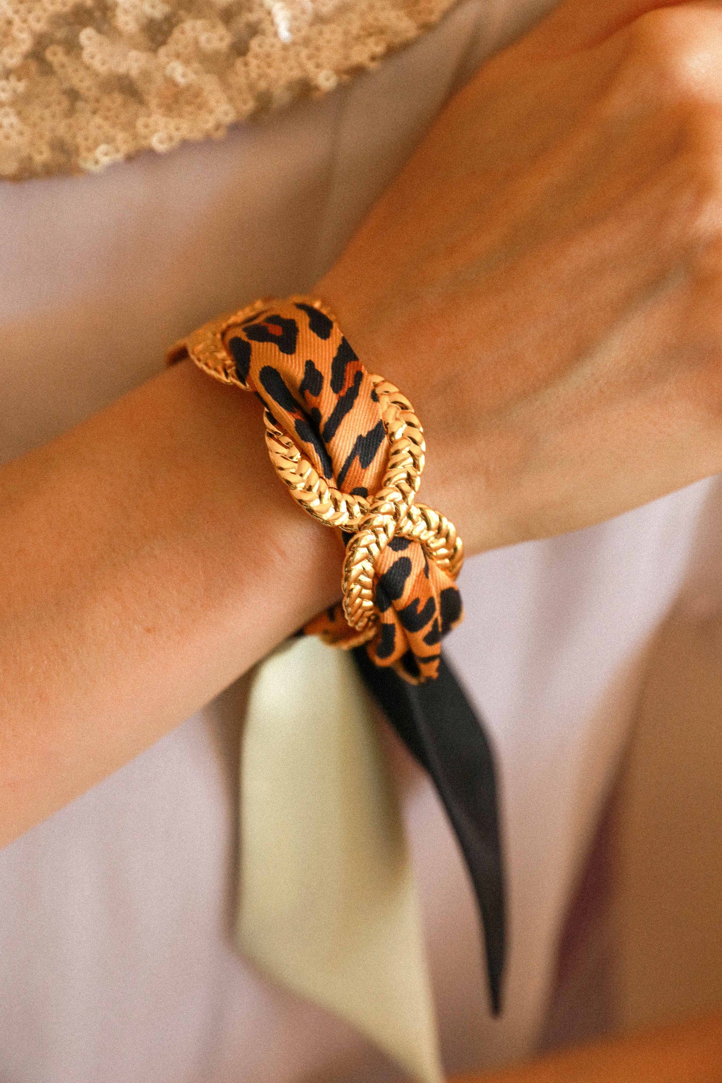 Manchette Tresse et ruban Arlequin beige et noir