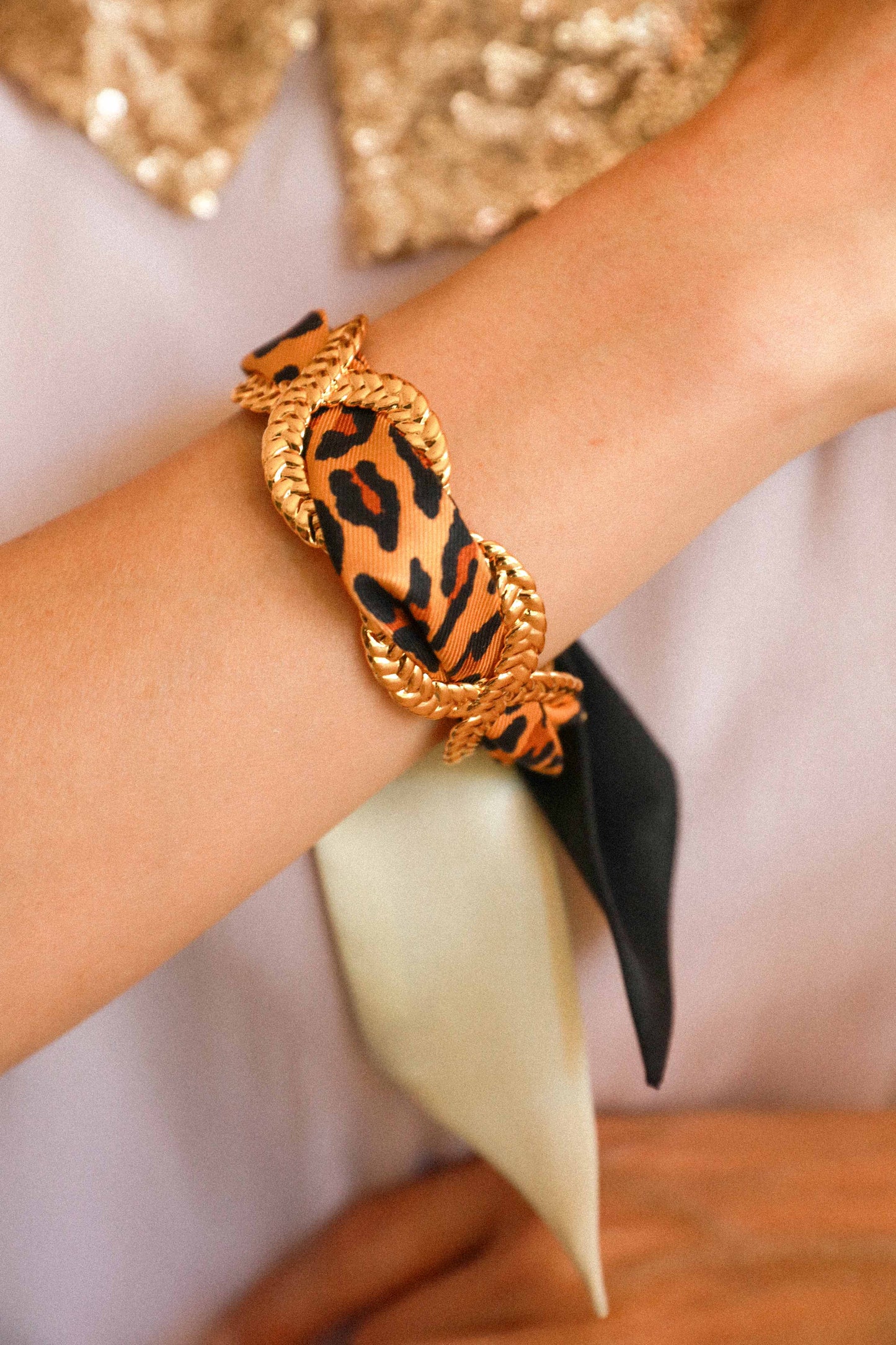 Manchette Tresse et ruban Arlequin beige et noir