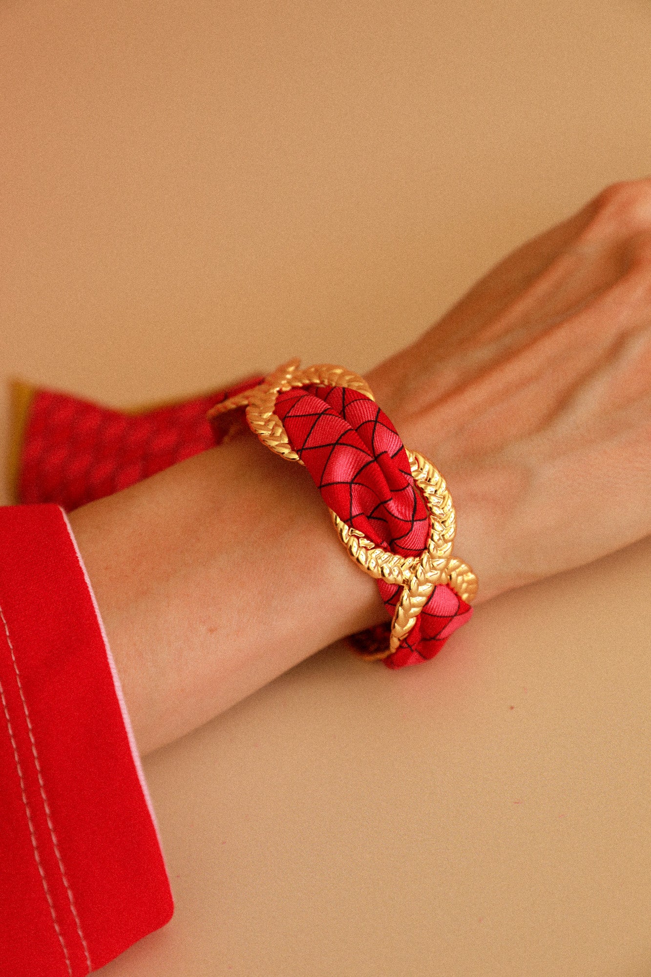 Manchette Tresse et ruban Arlequin rose et rouge