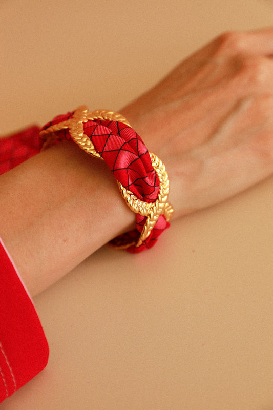 Pink and red Harlequin braid and ribbon cuff