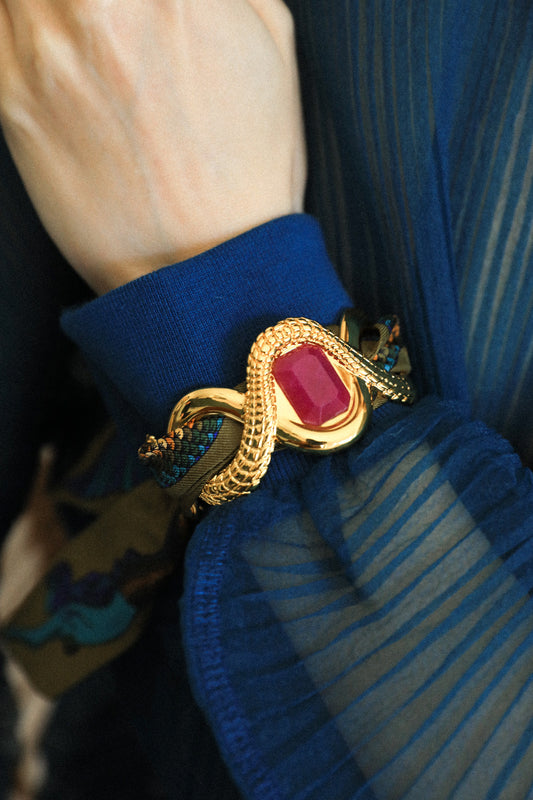 Caiman Cuff Fuchsia Agate and Colorful Mermaid Ribbon