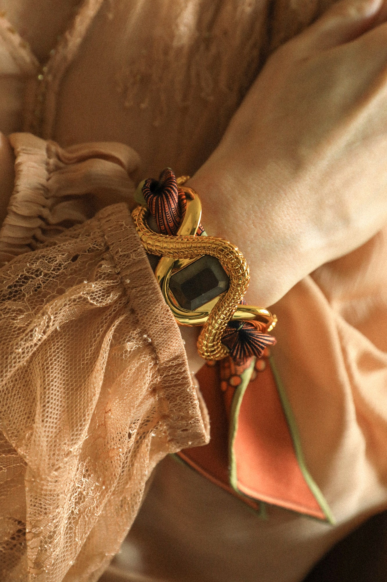 Pyrite Caiman Cuff and Neutral Shell Ribbon