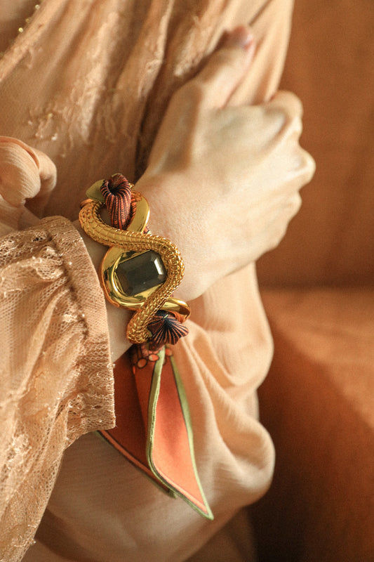 Pyrite Caiman Cuff and Neutral Shell Ribbon
