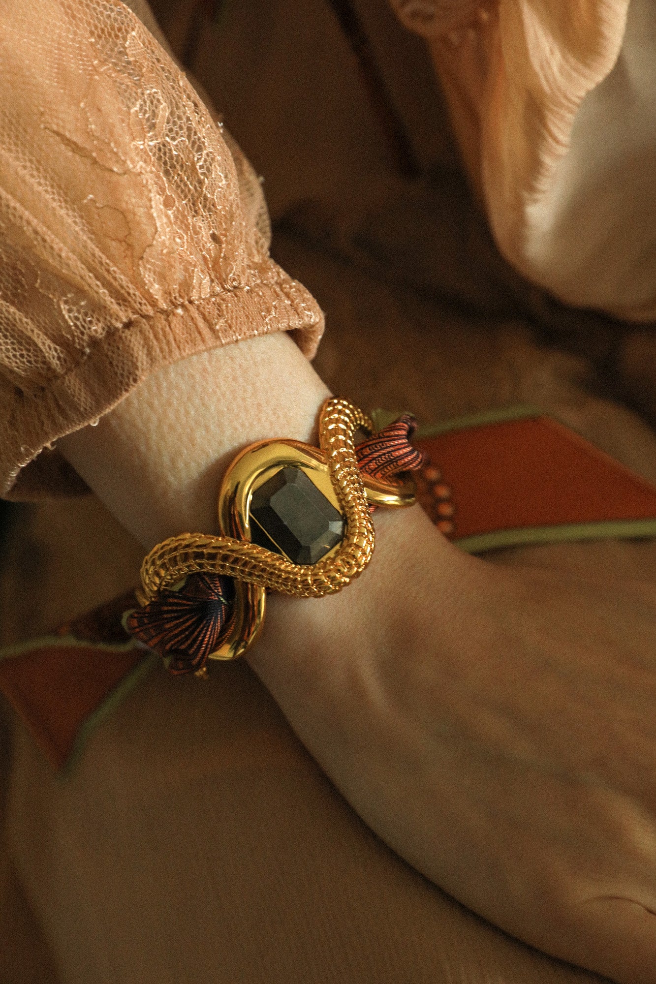 Pyrite Caiman Cuff and Neutral Shell Ribbon