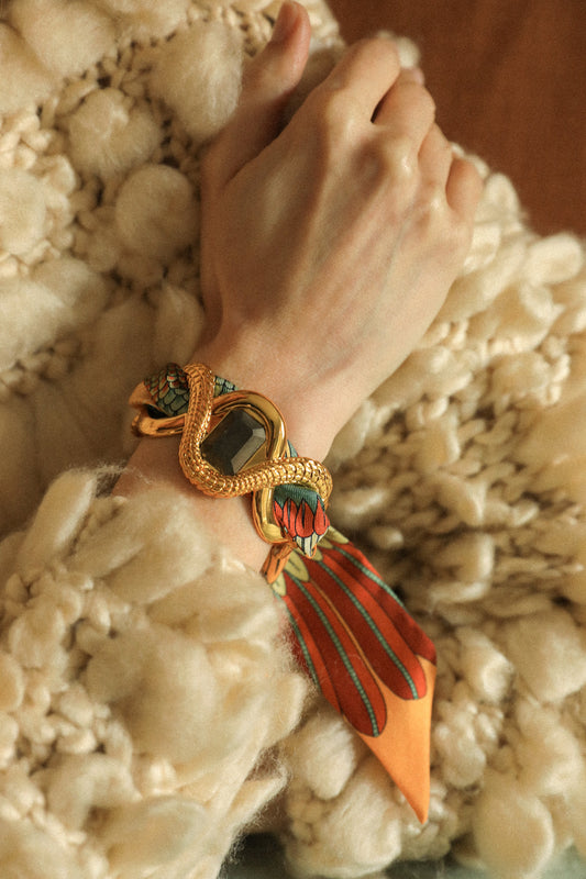 Pyrite Caiman Cuff and Neutral Parrot Ribbon