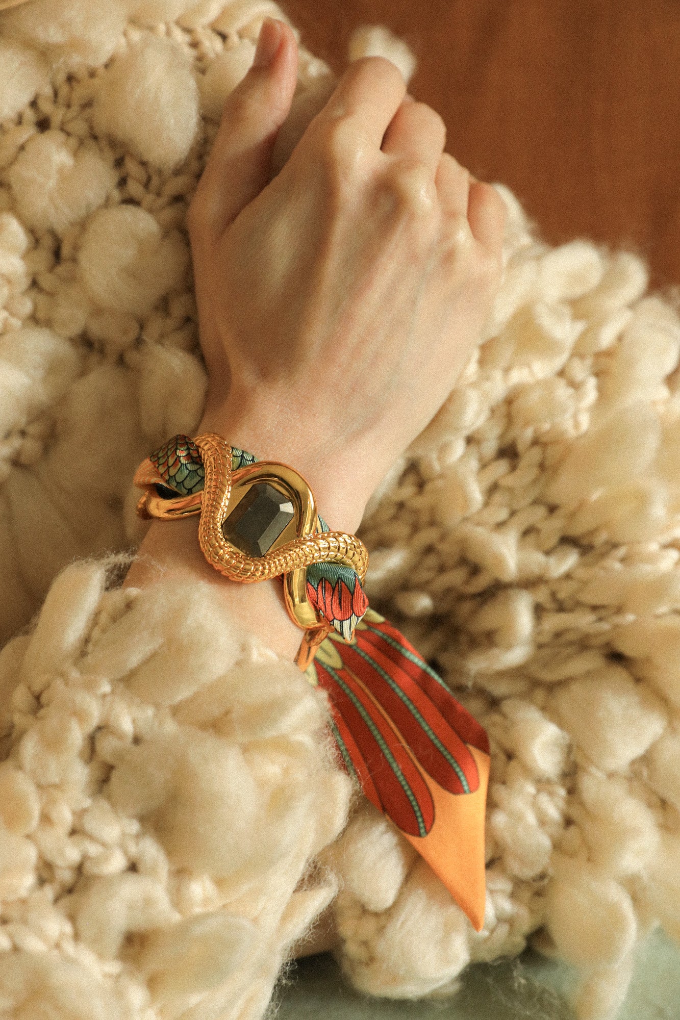 Pyrite Caiman Cuff and Neutral Parrot Ribbon