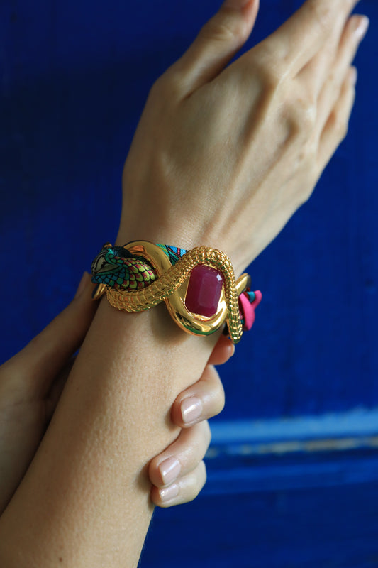 Manchette Caïman Agate fuchsia et ruban Perroquet coloré