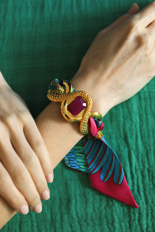 Manchette Caïman Agate fuchsia et ruban Perroquet coloré