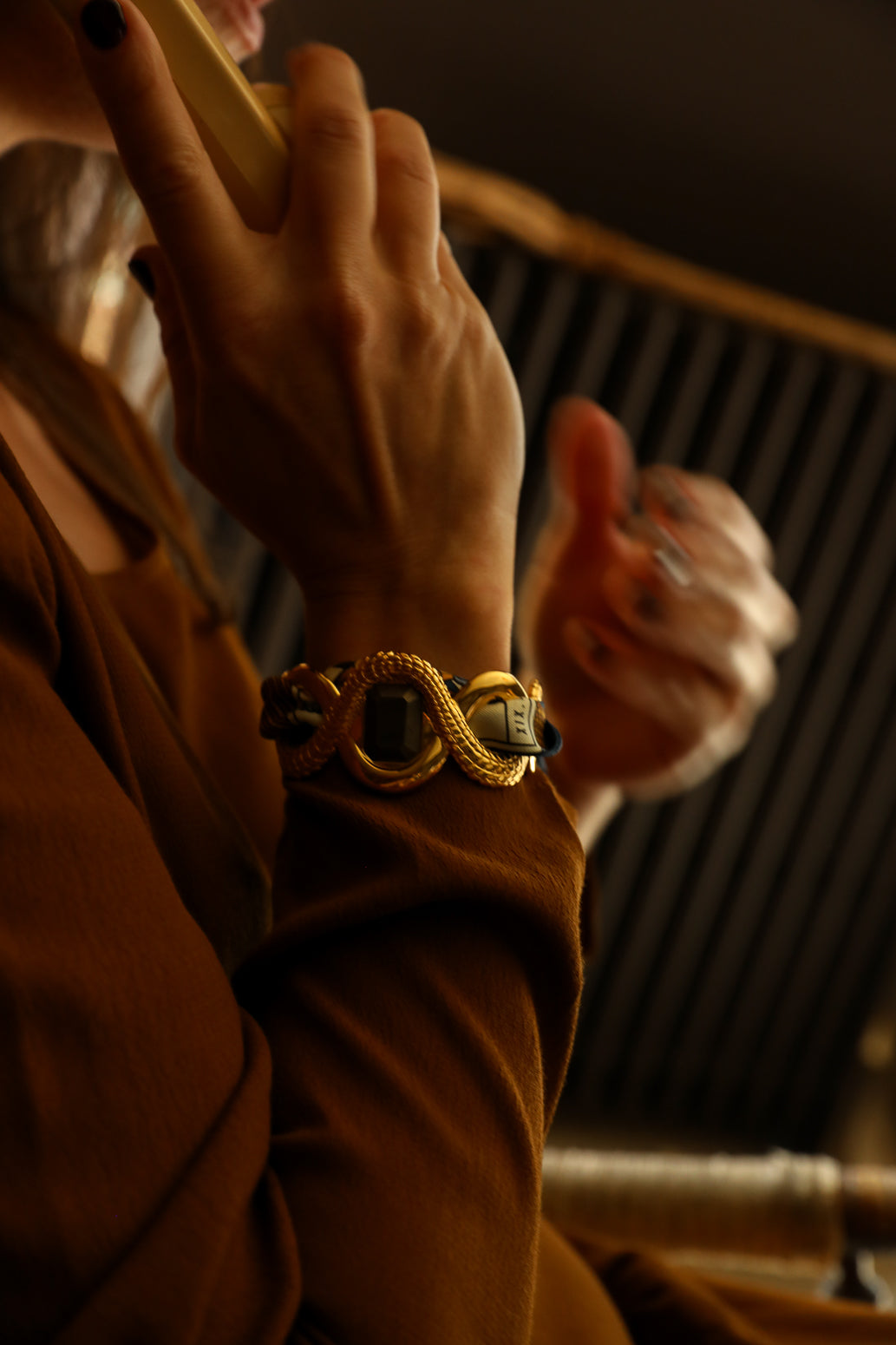 Manchette Caïman avec pyrite et ruban Tarot, Marine