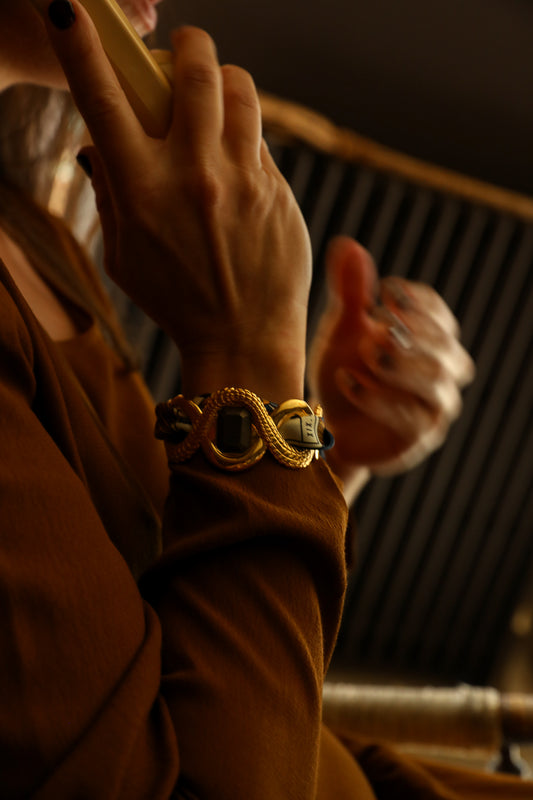 Manchette Caïman avec pyrite et ruban Tarot, Marine