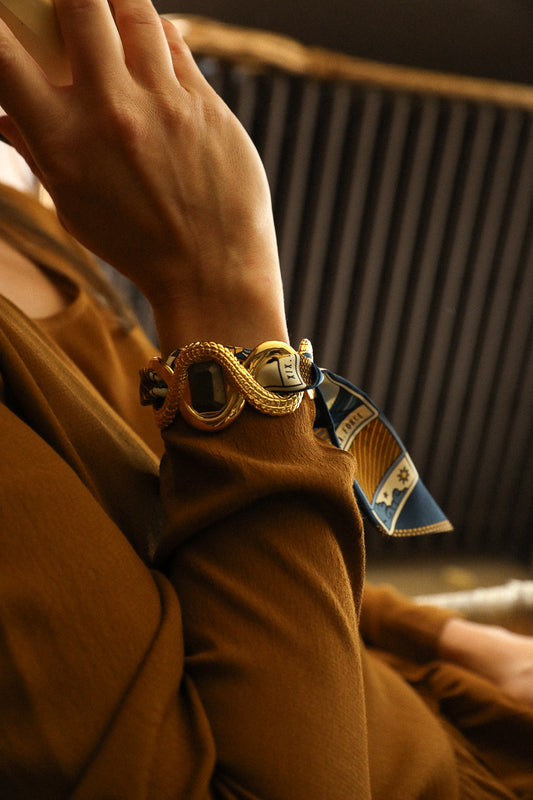 Manchette Caïman avec pyrite et ruban Tarot, Marine