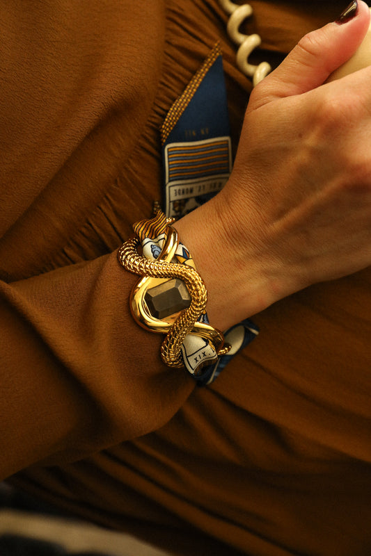 Caiman Cuff with Pyrite and Tarot Ribbon, Navy