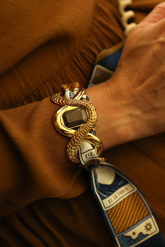 Caiman Cuff with Pyrite and Tarot Ribbon, Navy
