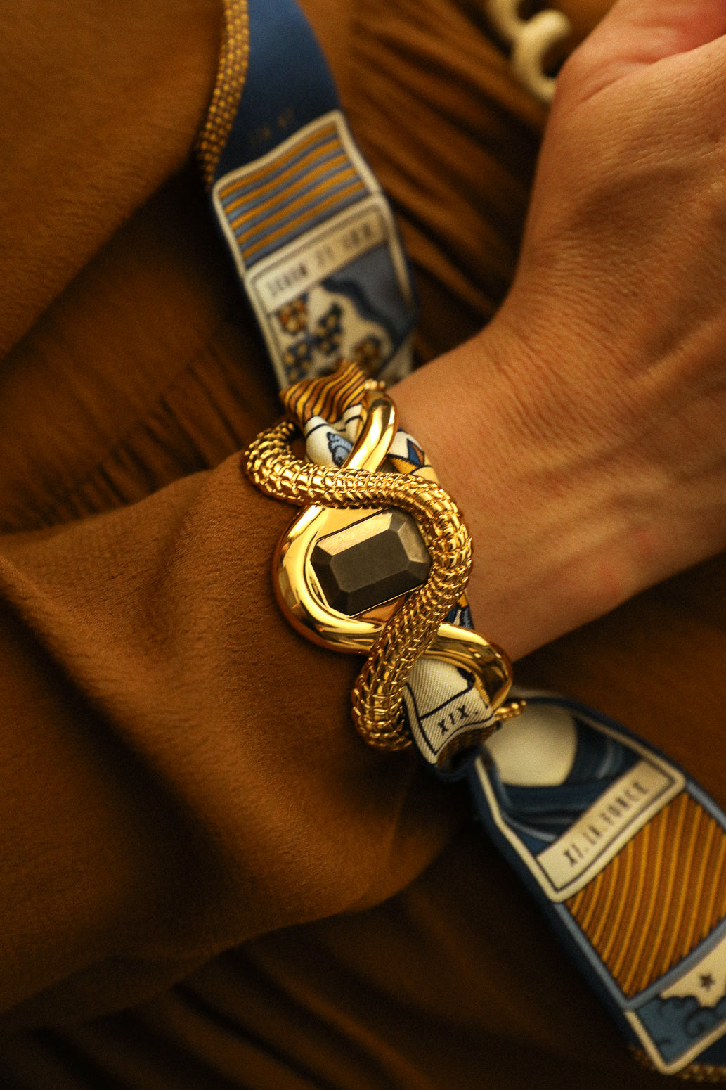 Manchette Caïman avec pyrite et ruban Tarot, Marine