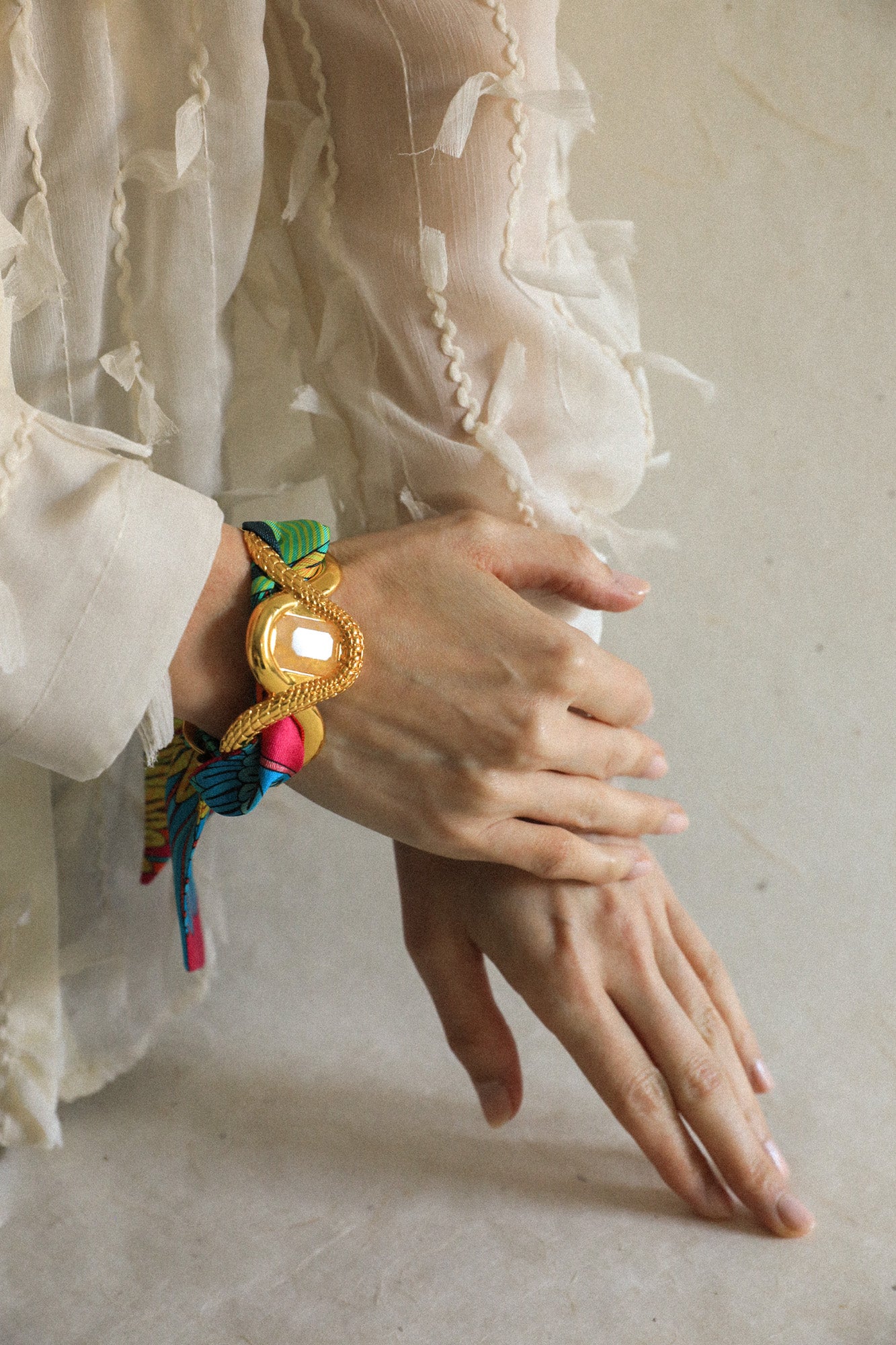 Caiman Cuff with Pink Agate and Summer Ribbon