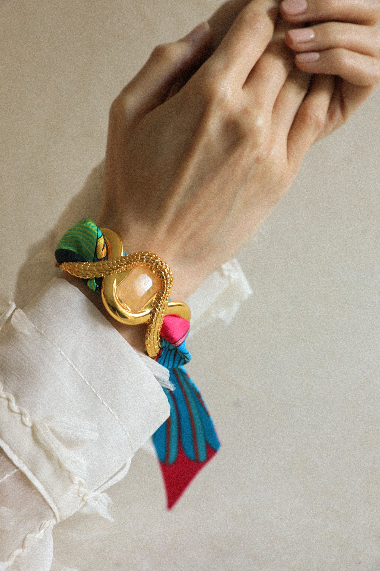 Caiman Cuff with Pink Agate and Summer Ribbon