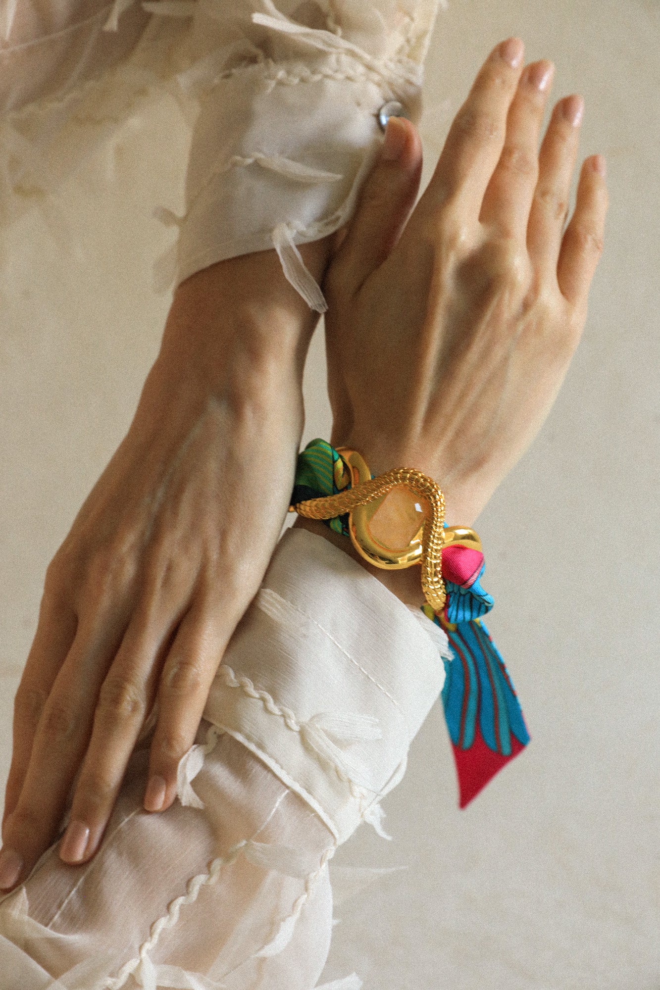 Caiman Cuff with Pink Agate and Summer Ribbon