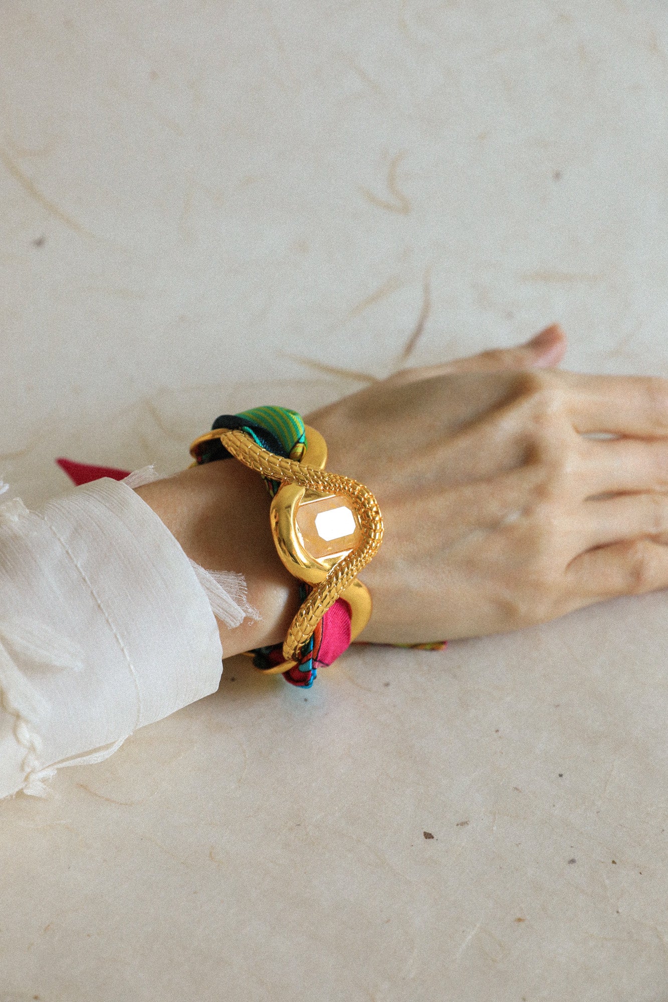 Caiman Cuff with Pink Agate and Summer Ribbon