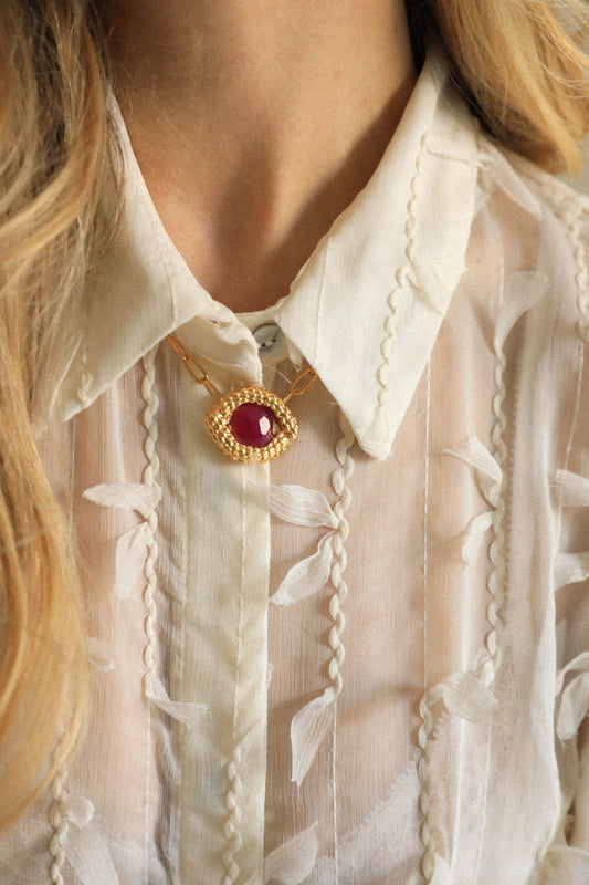 Collier Oeil de Caïman en agate fuchsia