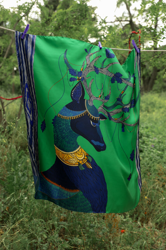 Carré de soie 90cm Cerf Bohème, vert