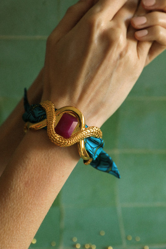 Manchette Caïman Agate fuchsia et ruban Croco aqua