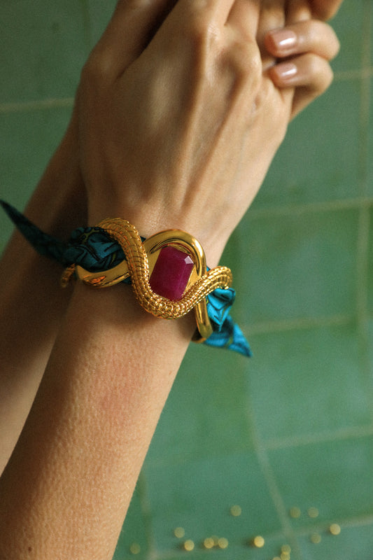 Manchette Caïman Agate fuchsia et ruban Croco aqua