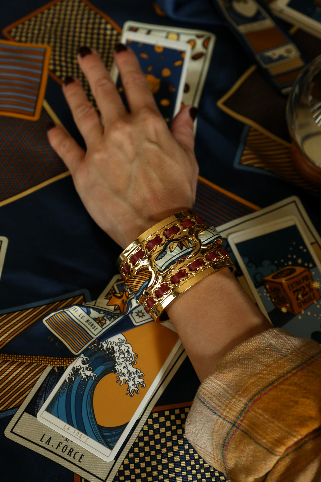 Grande manchette Décembre et ruban Tarot, marine