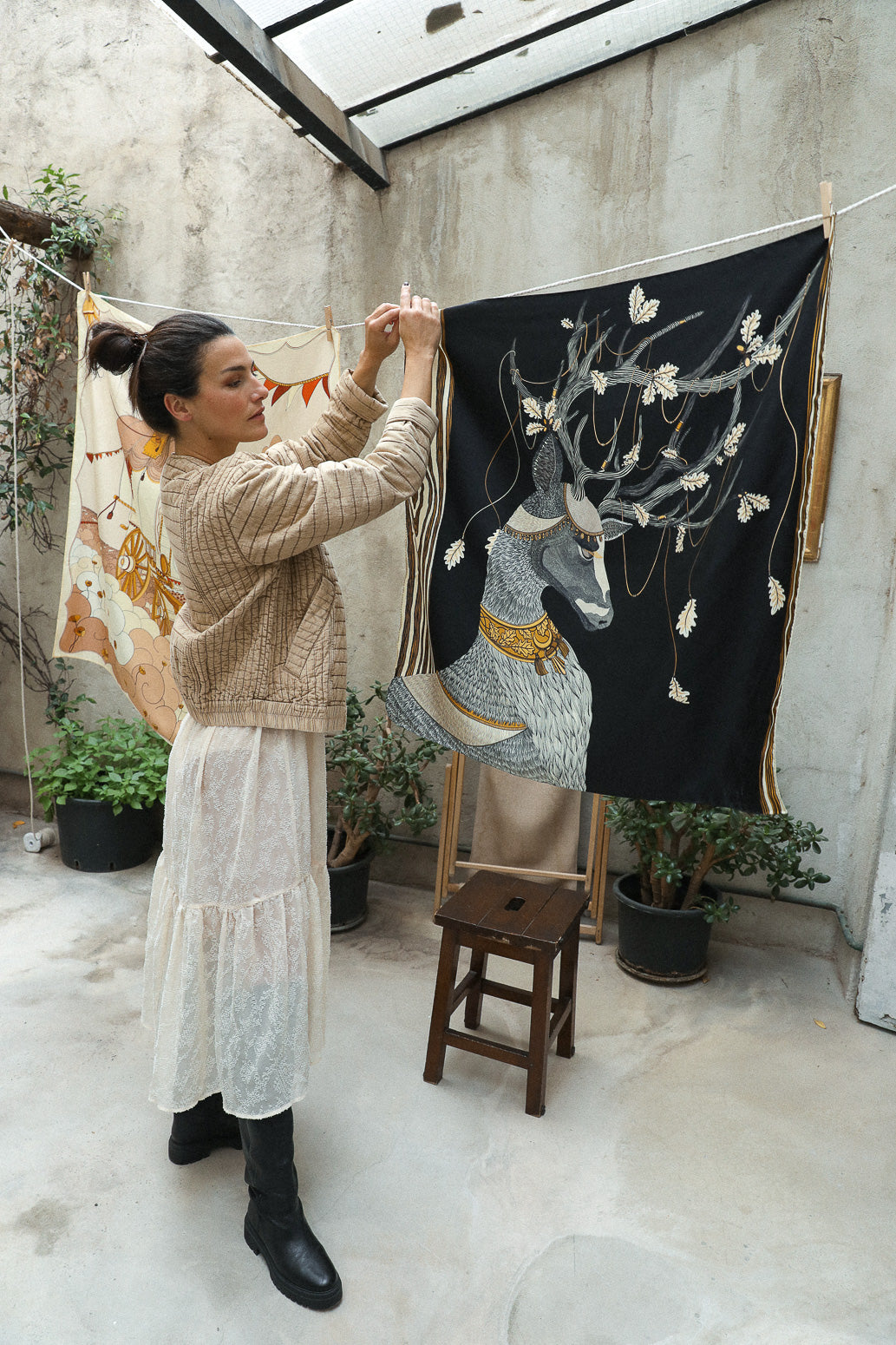 90cm Bohemian Deer Silk Square, Black