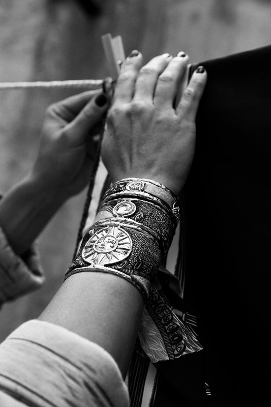 Large Sun and Bohemian Deer Ribbon Cuff, Black