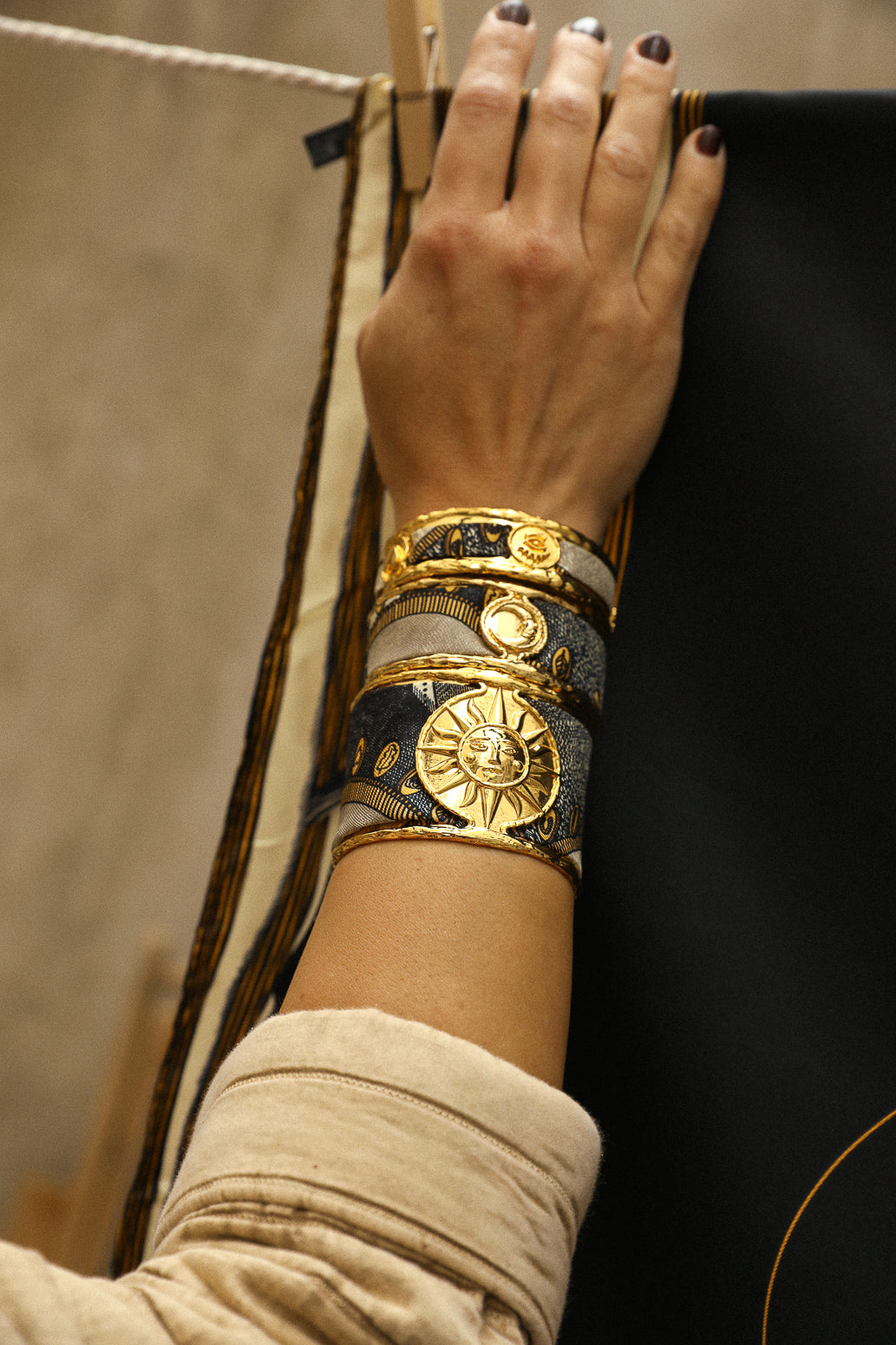 Large Sun and Bohemian Deer Ribbon Cuff, Black